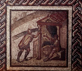 Arte gallo-romana: pavimento a mosaico raffigurante un calendario rurale. Lavorazione del vimine e intreccio di cesti. Fine del II, inizio del III secolo d.C. Da Saint-Romain-en-Gal (Rodano). Saint-Germain-en-Laye, Museo nazionale di archeologia