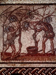 Arte gallo-romana: autunno: raccolta delle mele e vendemmia. Pavimentazione a mosaico che rappresenta un calendario rustico da Saint Romain en Gal. Fine II-inizio III secolo. Saint Germain en Laye, Museo delle Antichità