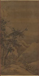 Uccelli in un boschetto in un paesaggio invernale montuoso, 1100s