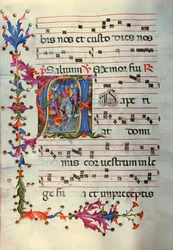 Antifonario in nota 6, libro che contiene i canti che il coro deve intonare durante la messa (pergamena).