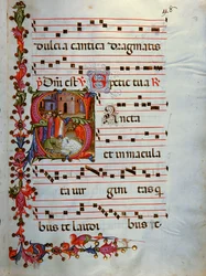 Antifonario in nota 7, libro che contiene i canti che il coro deve intonare durante la messa (pergamena).