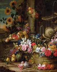 Natura morta di frutta e fiori
