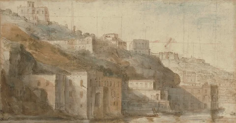 Veduta di Mergellina sul Golfo di Napoli, con Capodimonte al di là (gesso rosso e blu, penna e inchiostro marrone, acquerello, riquadratura in gesso rosso e nero)