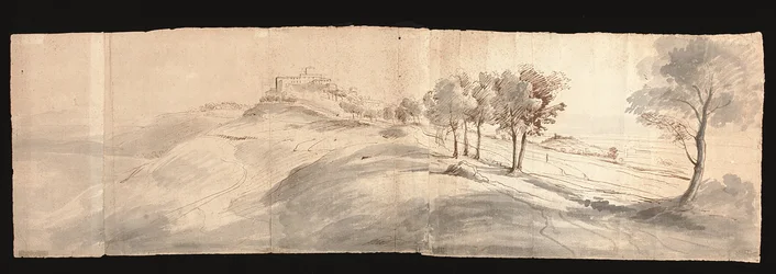 Veduta della campagna romana, vicino a Castel Gandolfo (gesso nero, penna e inchiostro marrone, lavaggio grigio/carta)
