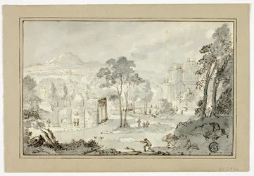 Cacciatore con cane, altre figure in paesaggio con villa, canale, piramide