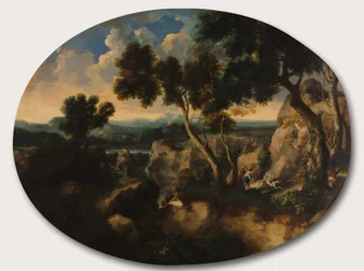 Paesaggio roccioso con cacciatori