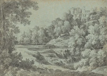 Paesaggio italiano con fortificazioni e cascata