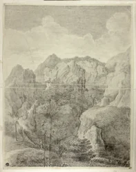 Paesaggio montano con due figure in primo piano