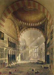 Haghia Sophia, tavola 24: interno della cupola centrale con lampadari abbassati, inciso da Louis Haghe, pubblicato nel 1852
