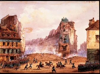 Scena dalla Rivoluzione del 1848, barricata di Rue Sainte Catherine nel mese di febbraio, di Gobaut, Francia