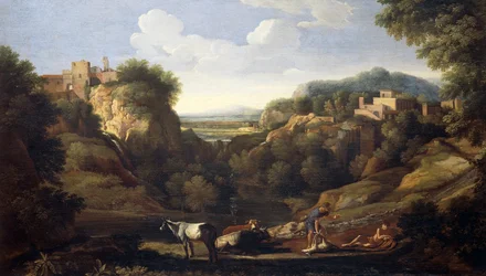 Paesaggio italiano con scena di caccia