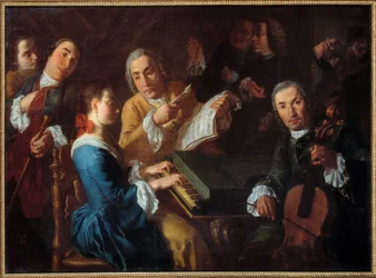 Il concerto: un musicista al clavicembalo e un violoncellista, dipinto di Gaspare Traversi (1722-1770), XVIII secolo, 0,96 x 1,3 m, Rouen, Musée des Beaux-Arts.