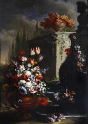 Natura morta con fiori in vasi ornamentali