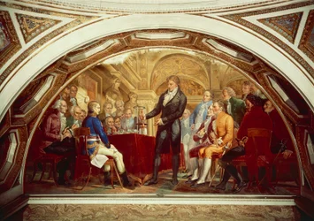 Alessandro Volta (1745-1827) che mostra la sua nuova batteria a Napoleone (1769-1821) all