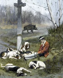 Il cacciatore e i suoi cani assonnati - incisione di Gaston Gelebert
