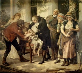 La prima vaccinazione di Edward Jenner (1749-1823), medico britannico che scoprì il vaccino contro il vaiolo. Dipinto di Gaston Mélingue (1840-1914), 1796. Parigi, Accademia di medicina