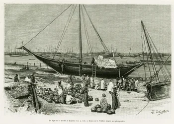 Un tepe nel mercato di Zanzibar (Tanzania). Incisione di G.Vuillier, per illustrare il racconto Viaggio tra i Benadir, i somali e i Bayoun, nel 1882 e 1883, di G.Revoil, in Le Tour du monde 1888, a cura di Edouard Charton (1807-1890), Hachette, Parigi