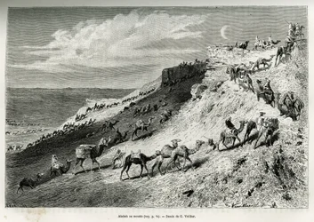 Akabah o fila di cammelli della carovana. Incisione di G.Vuillier, per illustrare la storia "pellegrinaggio al Nedjed, culla della razza araba", di Lady Anna Blunt, nel 1878-1879, pubblicata in Le tour du monde, sotto la direzione di Edouard Charton (1807-