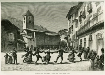 Danza nella piazza pubblica. Incisione di G.Vuillier, per illustrare il racconto La valle d