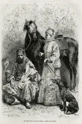 Ritratti di Mr. Wilfrid Blunt (1840-1922), poeta e scrittore, e sua moglie, Lady Anna Blunt (nata King Noel (King Noel) 1837-1917), la prima donna europea a esplorare il Medio Oriente, vestita con un abito da viaggio, davanti a uno dei cavalli arabi nelle 