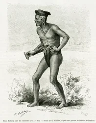 Sibou Mobang, capo dei cannibali. Incisione di G. Vuillier per illustrare il racconto De Koutei a Bandjirmasin, viaggio attraverso il Borneo, di Carl Bock, in Le Tour du Monde, 1890, diretto da Edouard Charton (1807-1890), Hachette, Parigi.