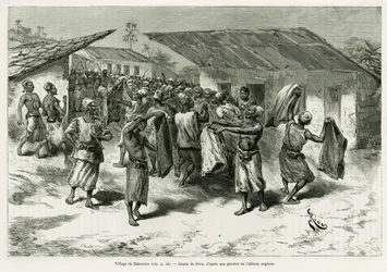 Il villaggio di Bakourou, gli indigeni ricevono doni per le negoziazioni di pace. Incisione di G.Vuillier, per illustrare la storia Dans les ténèbres de l