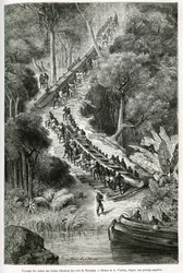 Trascinamento delle canoe alle cascate di Innkissi (o cascate di Livingstone) (Congo), sotto la direzione di Sir H.M.Stanley (1841-1904), disegno di G.Vuillier, per illustrare la storia 