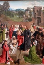 Olandese:  De opwekking van Lazarus La resurrezione di Lazzaro con una coppia di donatori con la loro figlia