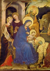 Uno dei Re Magi è inginocchiato davanti al Bambino Gesù, la corona del re è a terra (tempera su tavola)
