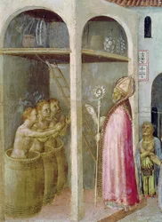 San Nicola riporta in vita i tre bambini gettati in tini di salamoia, dettaglio di una tavola della predella della Pala Quaratesi, 1425