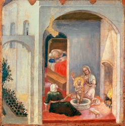 La nascita di San Nicola, pannello dalla predella del Polittico Quaratesi di Gentile da Fabriano (1370-ca 1427), tempera su pannello, 355 x 36 cm
