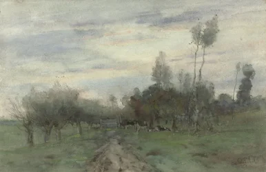 Strada di campagna con mucche al crepuscolo