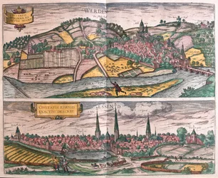 Essen e Werden, Germania - in "Civitates Orbis Terrarum" di Georg Braun, Colonia 1617