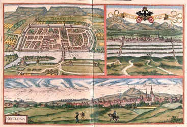 Heilbronn, Mulhouse - Reutlingen, Germania - in "Civitates Orbis Terrarum" di Georg Braun, Colonia 1617