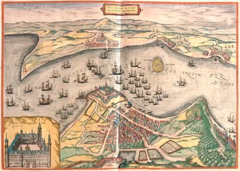 Helsingor, danese - Helsingborg, svedese - in "Civitates Orbis Terrarum" di Georg Braun, Colonia 1617.