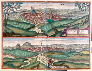 Louny (Boemia) - Slany, Repubblica Ceca - in "Civitates Orbis Terrarum" di Georg Braun, Colonia 1617.