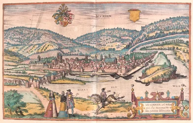 Munden, Hanoversch, Germania - in "Civitates Orbis Terrarum" di Georg Braun, Colonia 1617