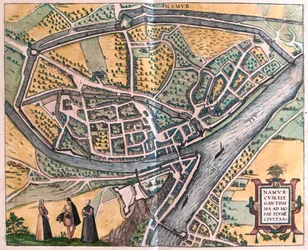 Namur e il fiume Mosa, Belgio - in "Civitates Orbis Terrarum" di Georg Braun, Colonia 1617