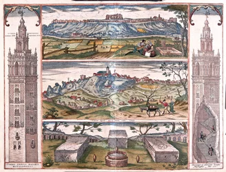 Seviglia - Gerena (la Giralda di Siviglia) - 5 vedute di San Giovanni sul Guadalquivir, 3 tombe romane e una torre laterale, in "Civitates Orbis Terrarum" di Georg Braun, Colonia 1617.