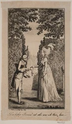 Illustrazione con dama e signore in un parco