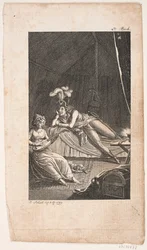 Illustrazione con una dama che suona il liuto per un gentiluomo in una tenda