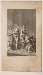 Illustrazione con una giovane coppia con un orientale e tre soldati turchi inginocchiati