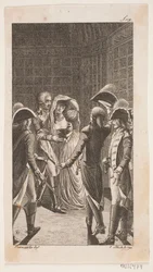 Illustrazione con cinque militari e una signora