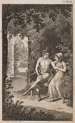 Illustrazione con coppia su una panchina in un giardino