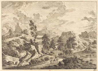Paesaggio con il sole nascente e un cavaliere con attendente