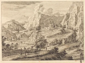 Paesaggio montuoso con figure e un monastero