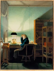 Uomo che legge alla luce della lampada (dipinto su tela)