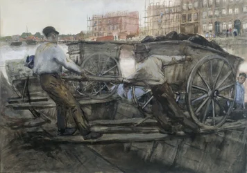 Lavoratori che tirano un carro pesantemente carico su Jacob van Lennepkade, Amsterdam