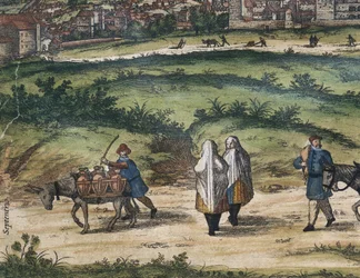 BRAUN, George (1541-1622). ORTELIUS, Abraham (1527-1598). HOGENBERG, Franz (1535-1590). Civitatis Orbis Terrarum (Theatrum orbis terrarum). 1572-1617. Granada (1572). Dettaglio sinistro. Volume I. Incisione. SPAGNA. CASTIGLIA E LEON. Salamanca. Università 