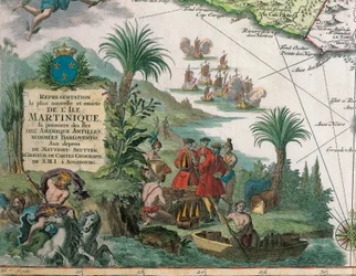 Mappa della Martinica creata da Matthieu Seutter, dettagli: Mercanti e Indiano Nativo Americano